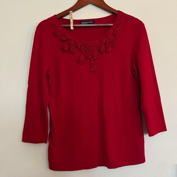 Jones New York Sweaters - Jones New York Signature Red Beaded Bow Knit Top 3/4 Sleeve Size M